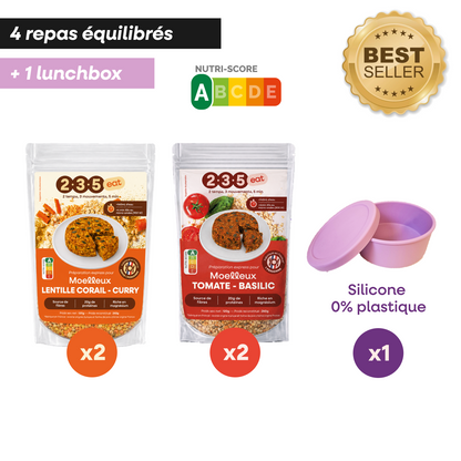 Le pack découverte 235 EAT : le bestseller pour découvrir la marque avec 2 moelleux tomate basilic, 2 moelleux lentilles corail curry et une lunchbox qui garantit le résultat !