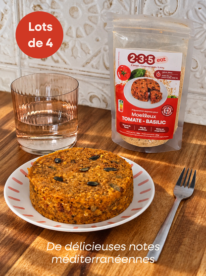 Un pack de moelleux salés tomate basilic aux notes méditerranéennes, nutriscore A, avec 20g de protéines, source de fibres, riche en magnésium. A partir de 4 moelleux salés, un vrai repas équilibré, gourmand et rassasiant !
