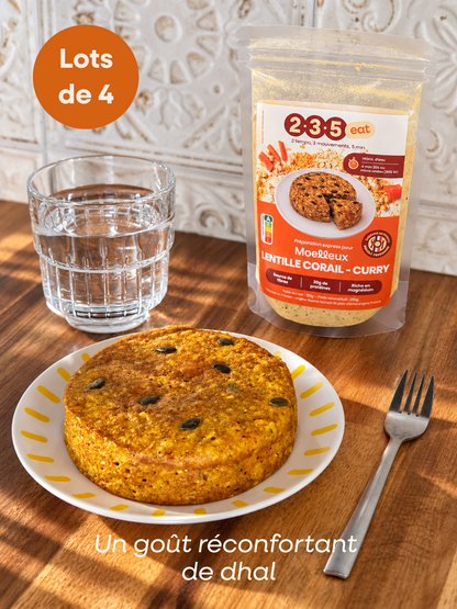 Un pack de moelleux salés lentille corail curry, nutriscore A, avec 20g de protéines, source de fibres, riche en magnésium. A partir de 4 moelleux salés, un vrai repas équilibré, gourmand et rassasiant !