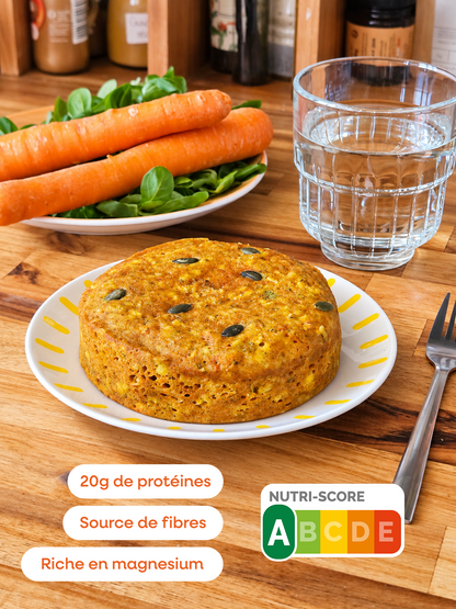 Des moelleux salés à faire avec de l'eau et un micro-ondes, avec des ingrédients comme à la maison. Contient des légumes. Enfin un repas express, facile à faire même quand on a rien anticipé et qu'on cherche à mieux manger. Un repas avec 20g de protéines, 14g de fibres, riche en magnésium et nutriscore A.