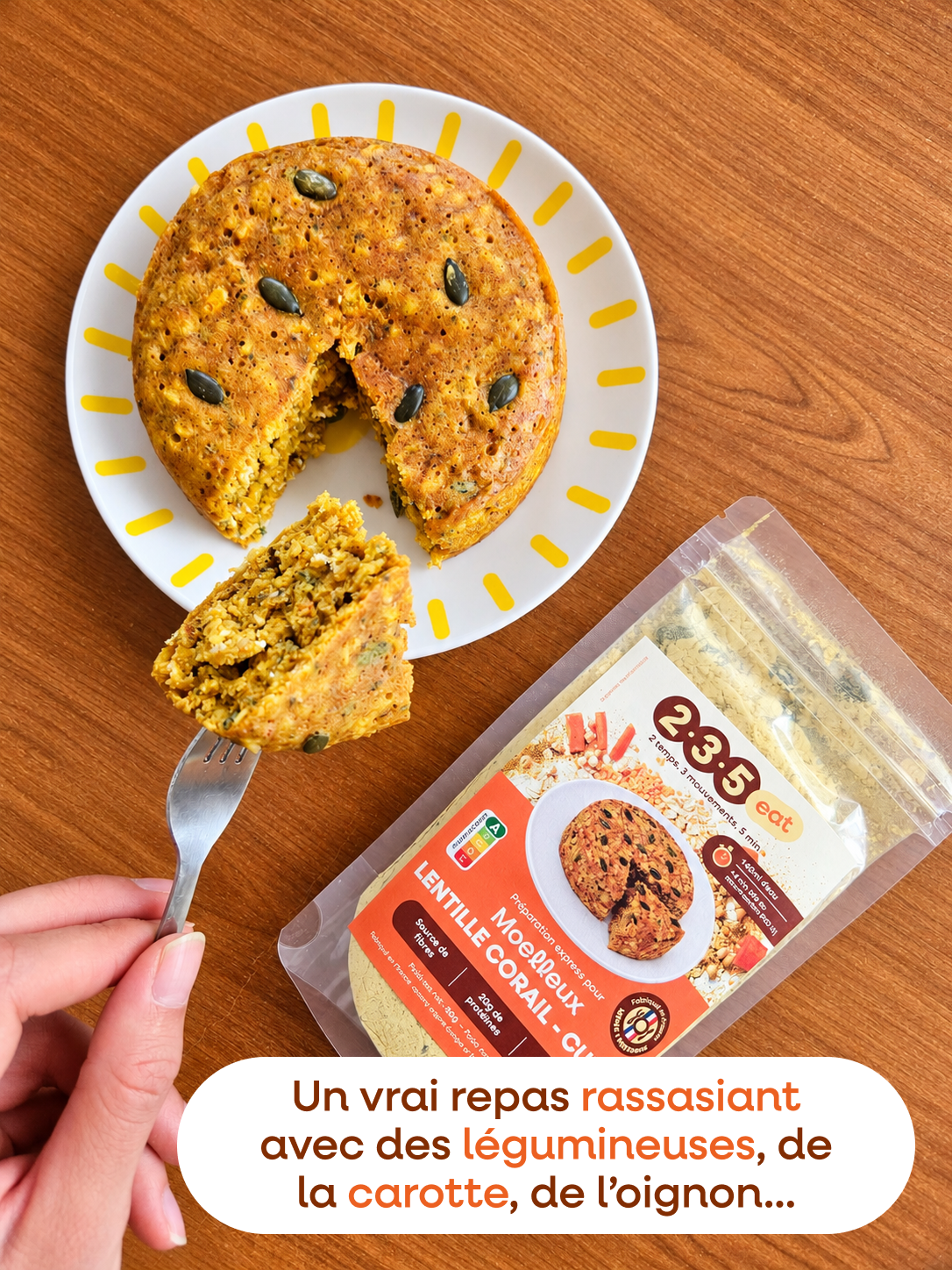 Un repas rassasiant, avec des flocons d'avoine, des légumineuses, de la carotte et de l'oignon notamment pour une satiété longue durée.