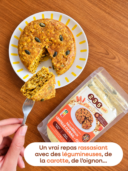 Un repas rassasiant, avec des flocons d'avoine, des légumineuses, de la carotte et de l'oignon notamment pour une satiété longue durée.