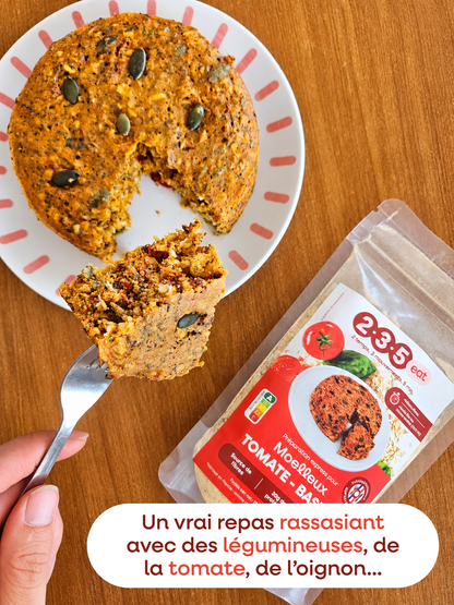 Un repas rassasiant, avec des flocons d'avoine, des légumineuses, de la tomate et de l'oignon notamment pour une satiété longue durée.