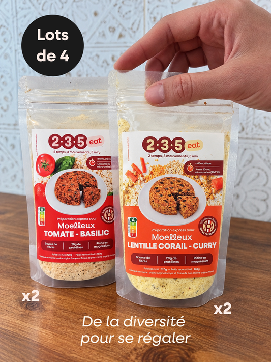 Un pack recharge avec 50% de moelleux tomate basilic et 50% de moelleux lentille corail curry. A partir de 4 repas